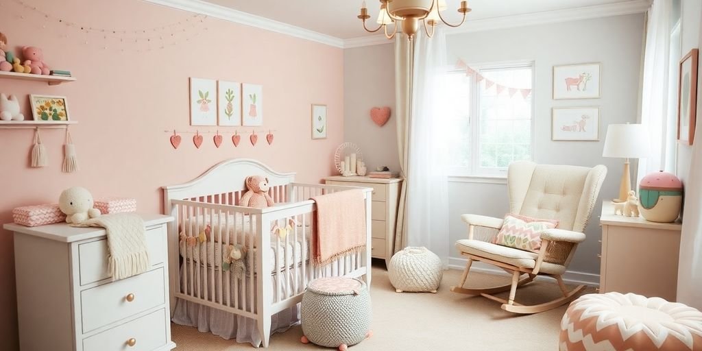 Quarto de bebê decorado com cores suaves e móveis aconchegantes.
