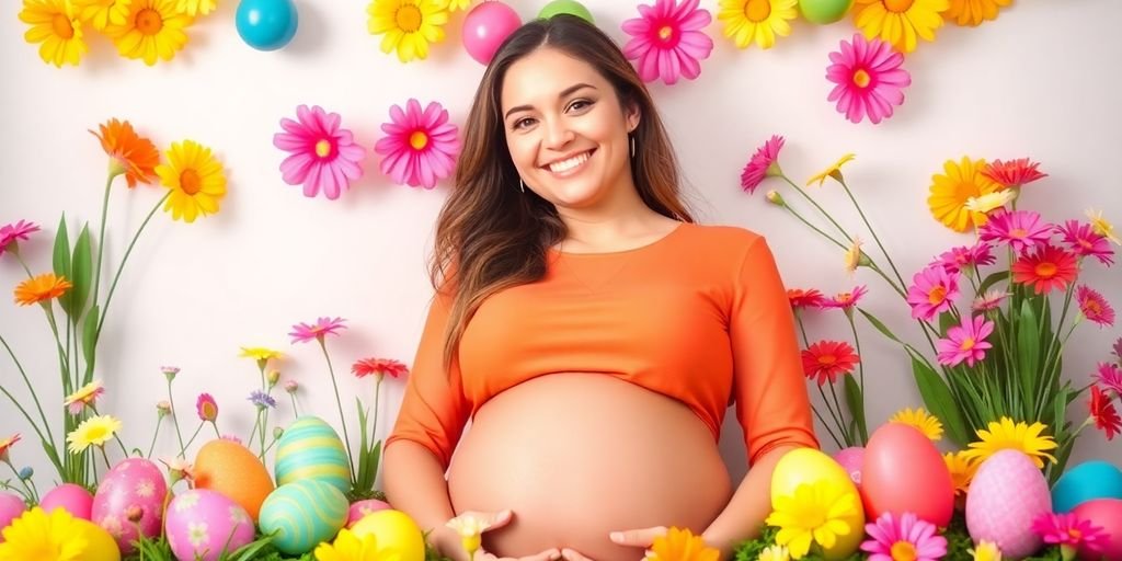 Gestante feliz rodeada de ovos de Páscoa coloridos.