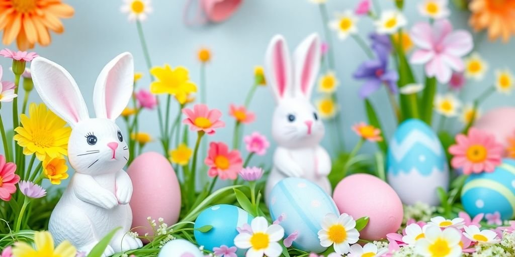 Decoração de Páscoa com coelhos e ovos coloridos.