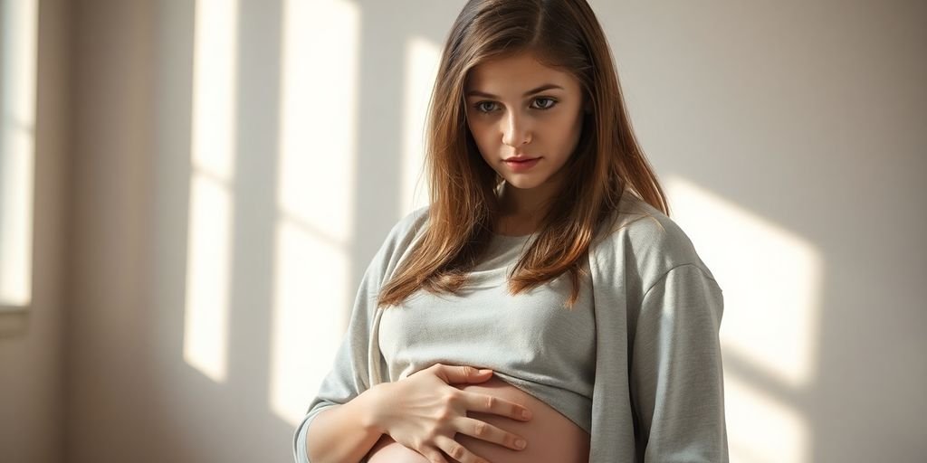 Adolescente pensativa grávida em ambiente natural e suave.