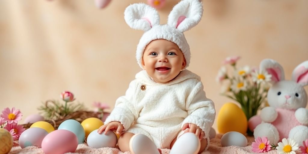 Bebê feliz na sua primeira Páscoa com ovos coloridos.