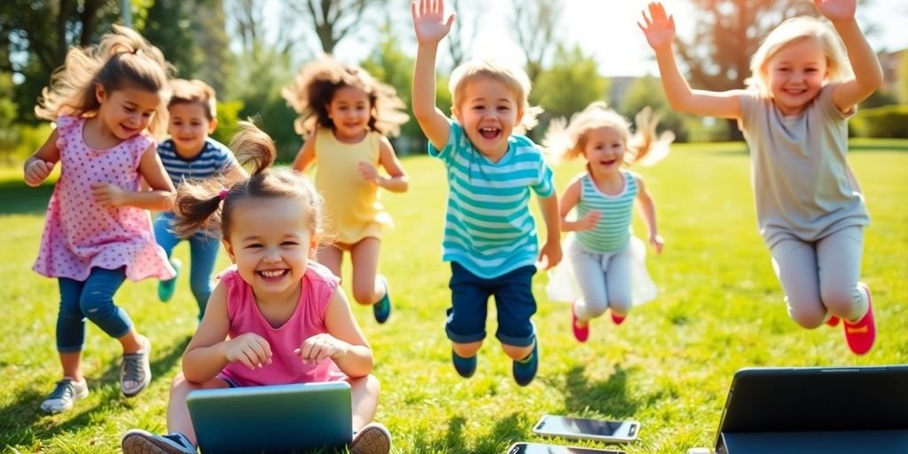 Crianças brincando ao ar livre, equilibrando tecnologia e diversão.