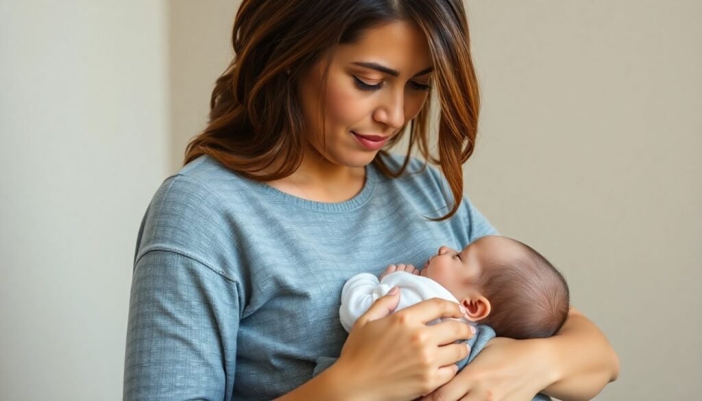 Mulher com bebê no colo e cabelo amarrado.