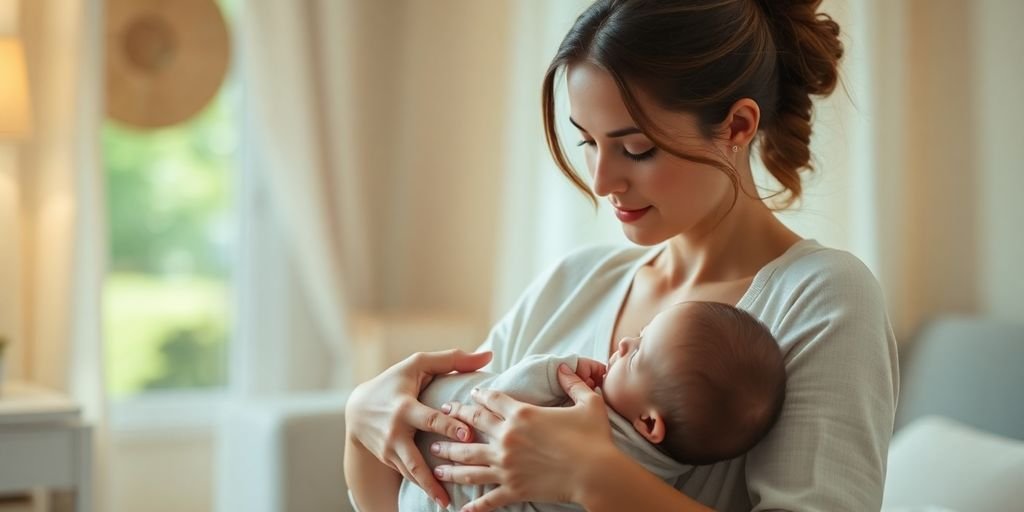 Mãe amamentando seu bebê em um ambiente acolhedor.