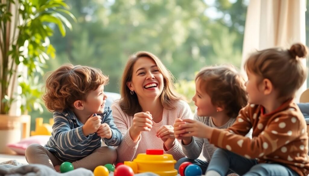 Mãe sorridente brincando com filhos em ambiente alegre.