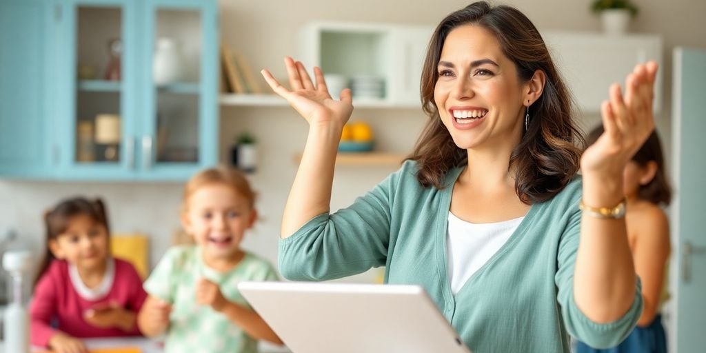 Mãe multitarefas com crianças e atividades diárias.