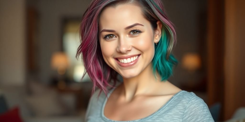 Mulher grávida com cabelo colorido e sorridente.