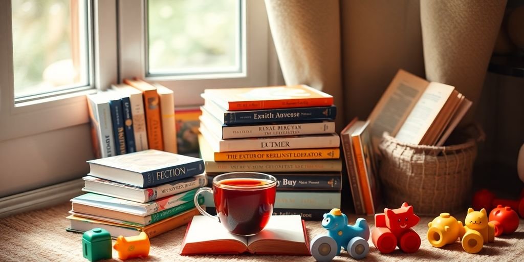 Fotos de livros e xícara de chá em um ambiente acolhedor.