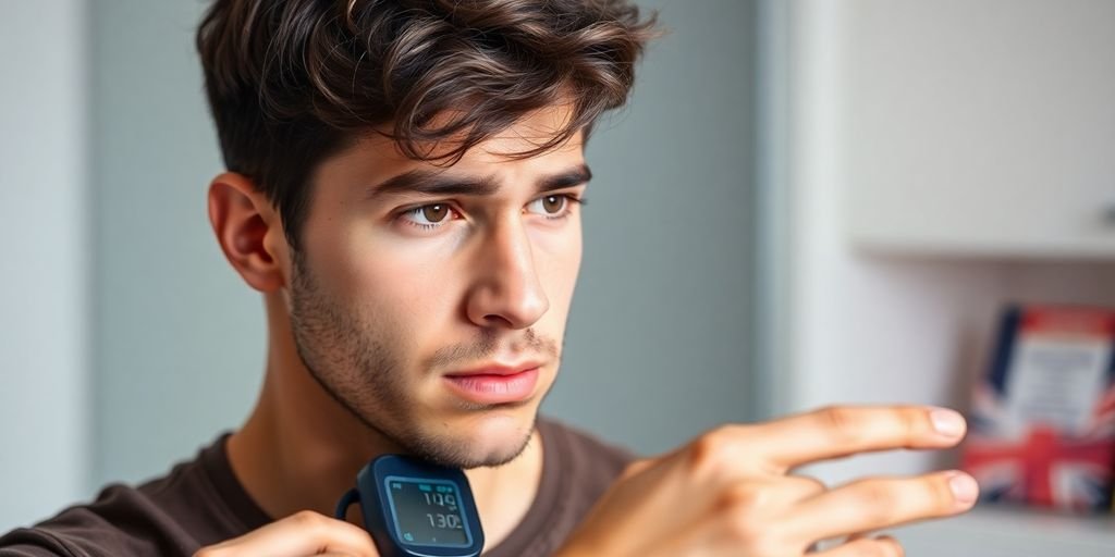 Homem preocupado com a pressão alta e saúde masculina.