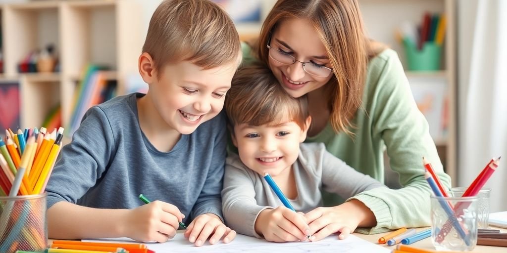 Pai e filho desenhando juntos com sorrisos felizes.
