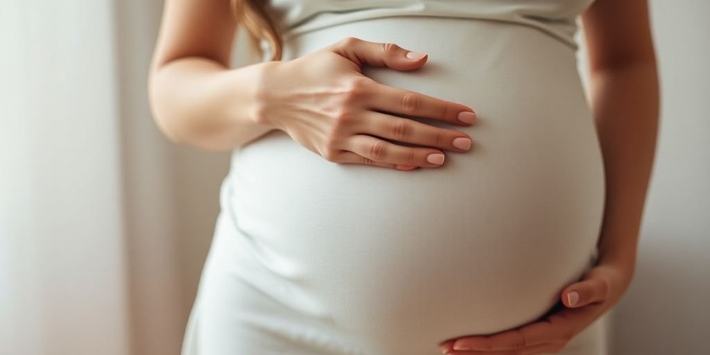 Mulher grávida acariciando a barriga com suavidade.