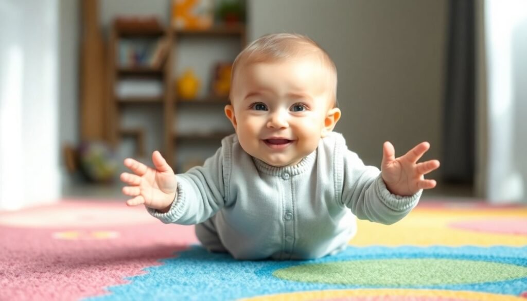 Bebê sorridente dando os primeiros passos sobre um tapete.