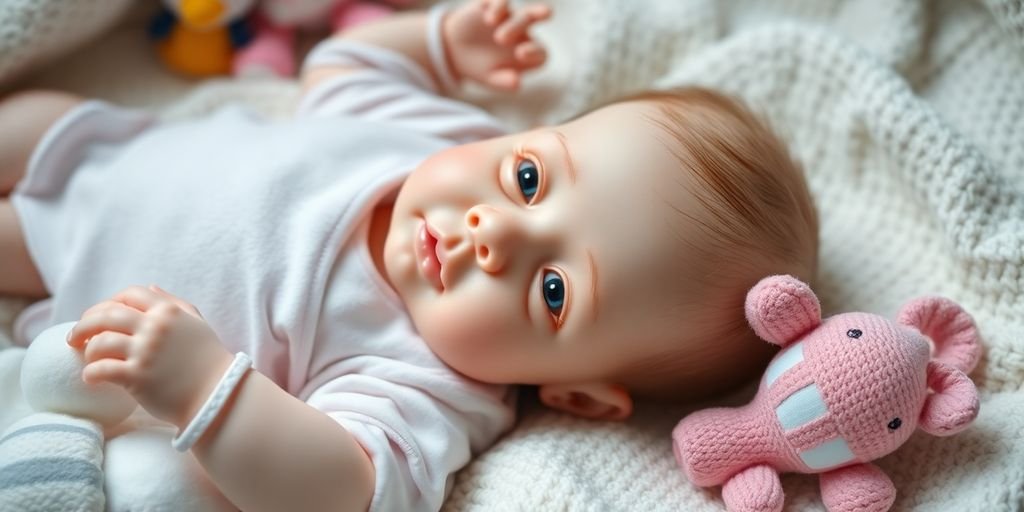 Boneca Reborn em cobertor com brinquedos de bebê.