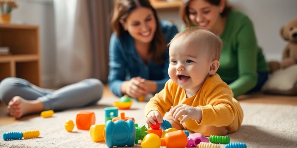 Bebê sorridente brincando com brinquedos coloridos.