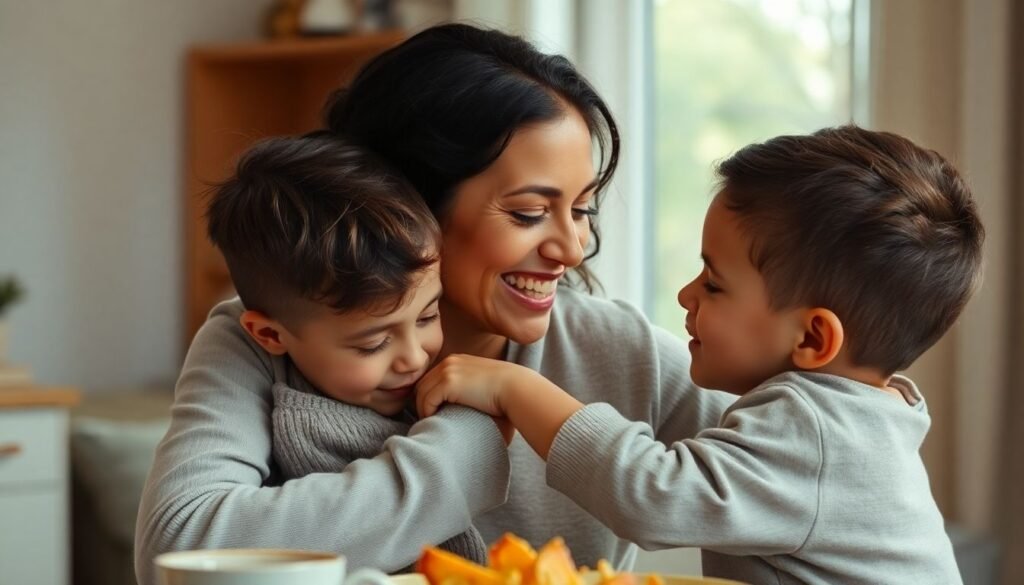 Mãe solo sorrindo, abraçando seus filhos com carinho.