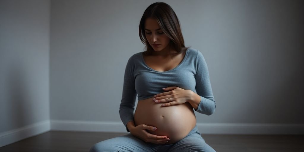 Mulher grávida pensativa em um ambiente tranquilo.