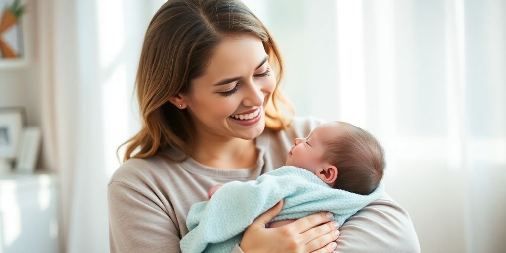 Mãe sorridente segurando seu recém-nascido com amor.