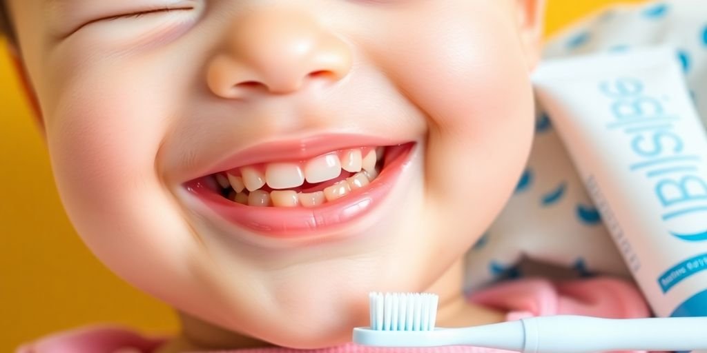 Bebê sorridente com dentes saudáveis e itens de higiene.