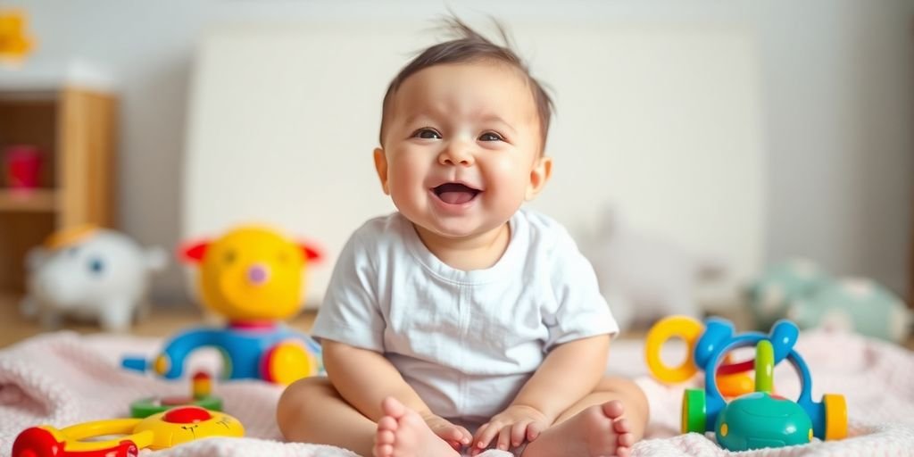 Bebê sorridente sentado sobre um cobertor colorido.