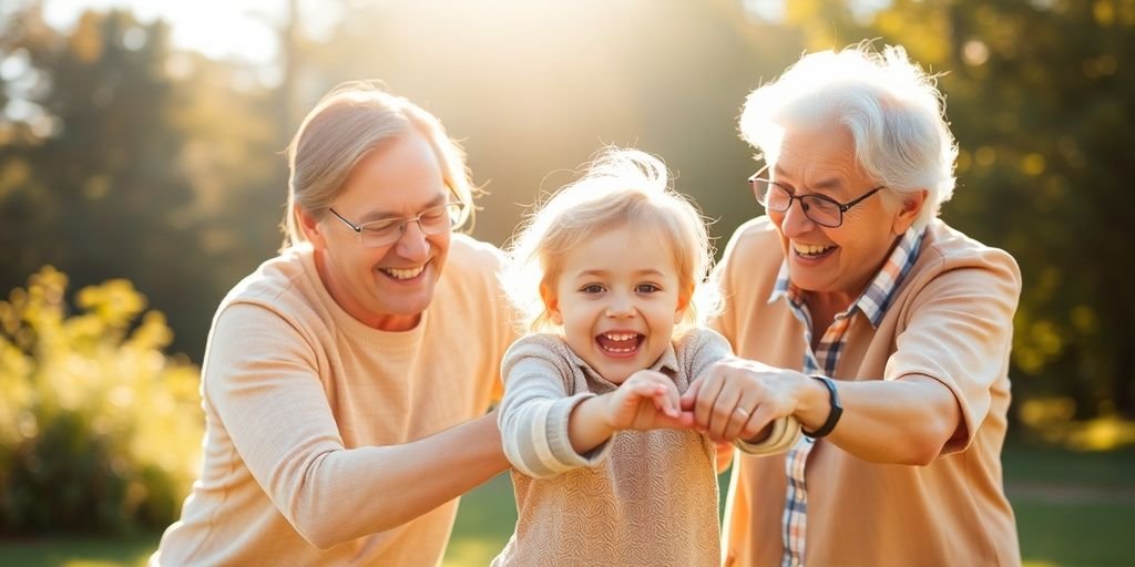 Família brincando ao ar livre com alegria e amor.